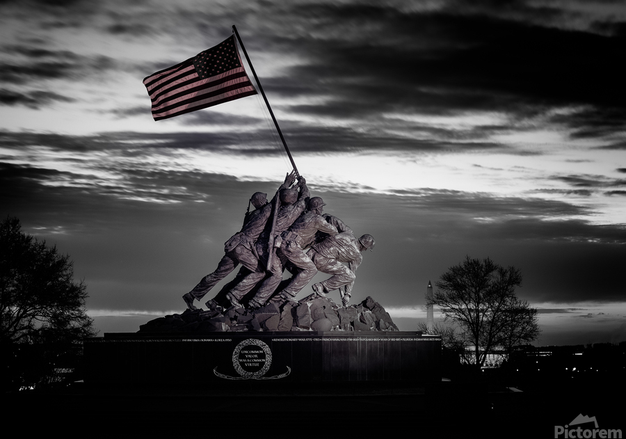 B&W image of Iwo Jima Memorial at dawn   Print