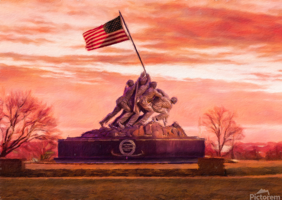 Digital painting of Iwo Jima Memorial at dawn as sun rises  Print