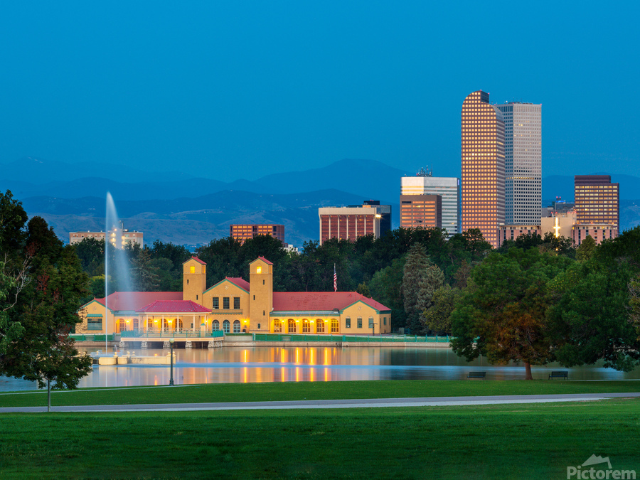 Skyline of Denver at dawn from City Park with boathouse  Print