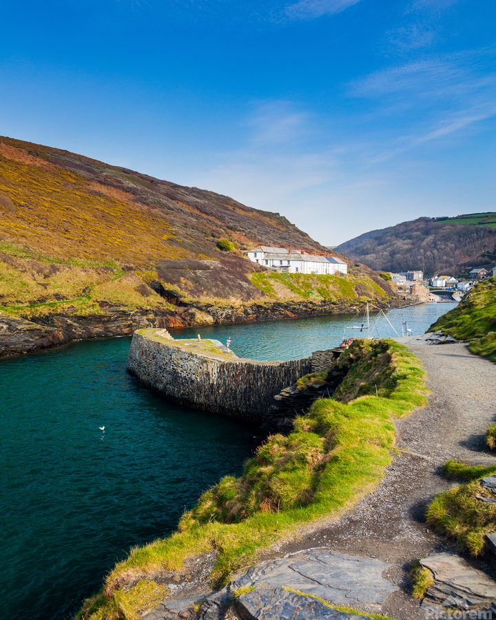 Narrow path in front of colorful harbor in Boscastle  Print