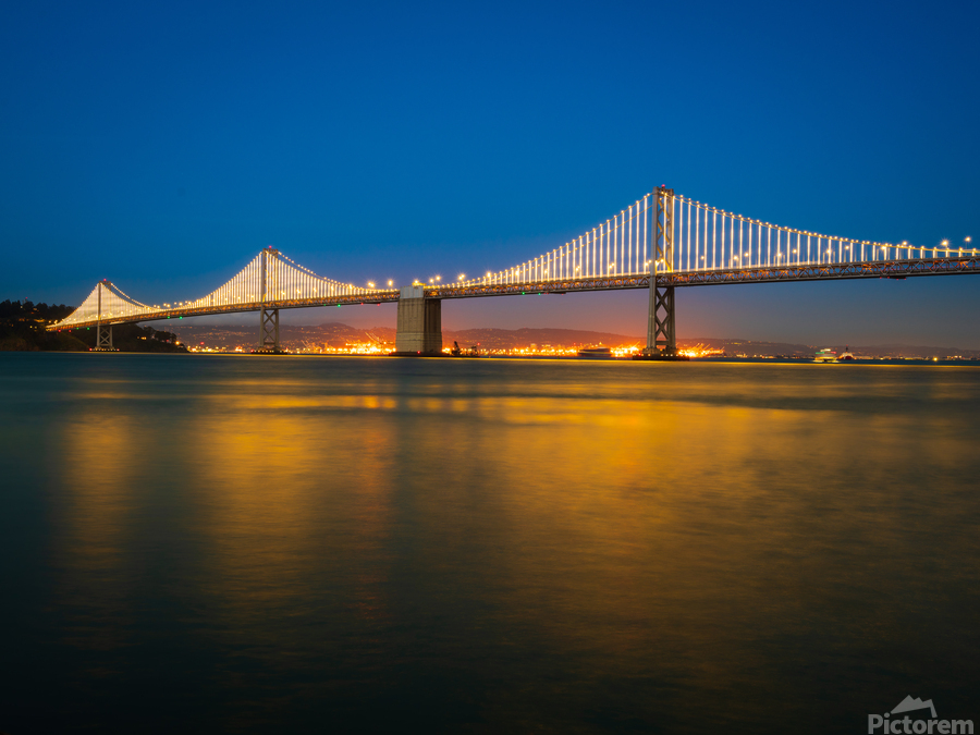 San Francisco Bay bridge illuminated at night  Print