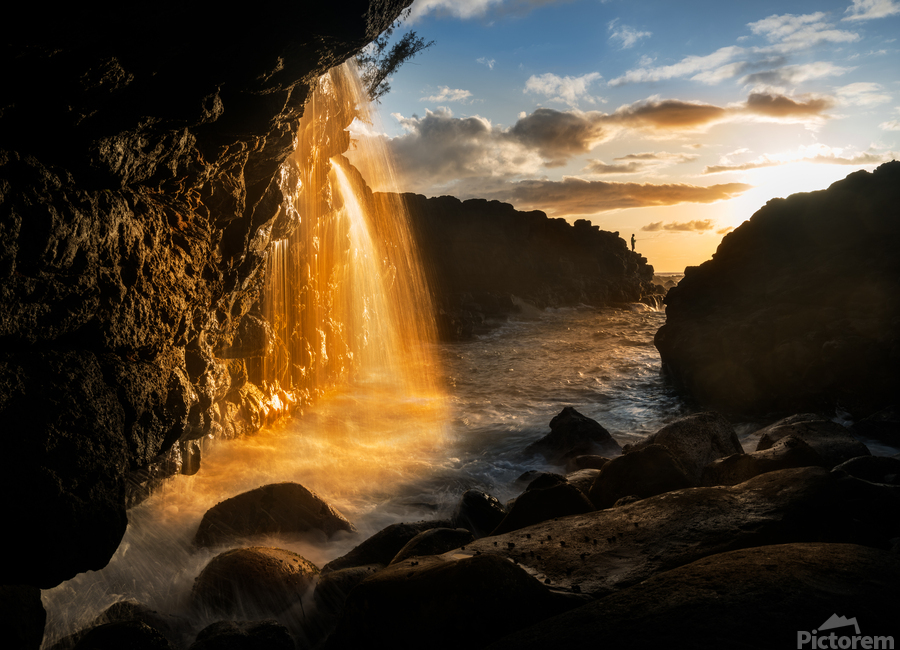 Waterfall near Queens Bath in Princeville Kauai  Print