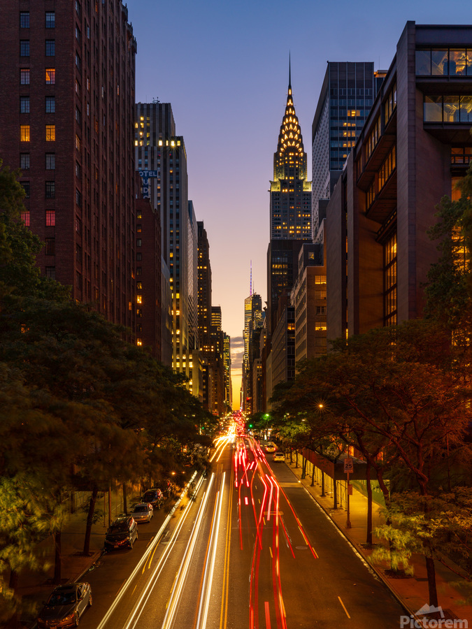 Manhattanhenge when the sun sets along 42nd street in NY  Print