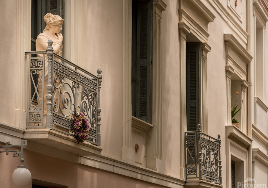 Statue on balcony in Plaka in Athens  Print