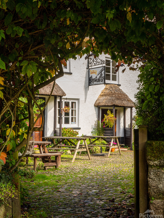 Thatched pub garden in Lustleigh in Devon  Print