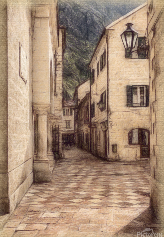 Narrow streets in Kotor in Montenegro in pencil  Imprimer