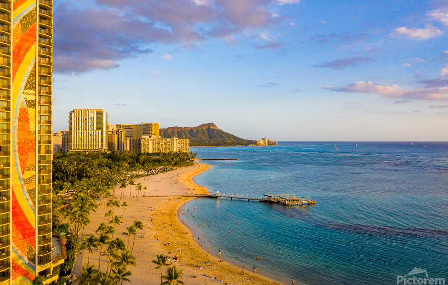 Hilton Hawaiian Village frames the shore in Waikiki Hawaii  Print