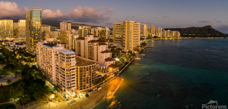 Aerial view of Waikiki beach towards Diamond Head at sunset   Print
