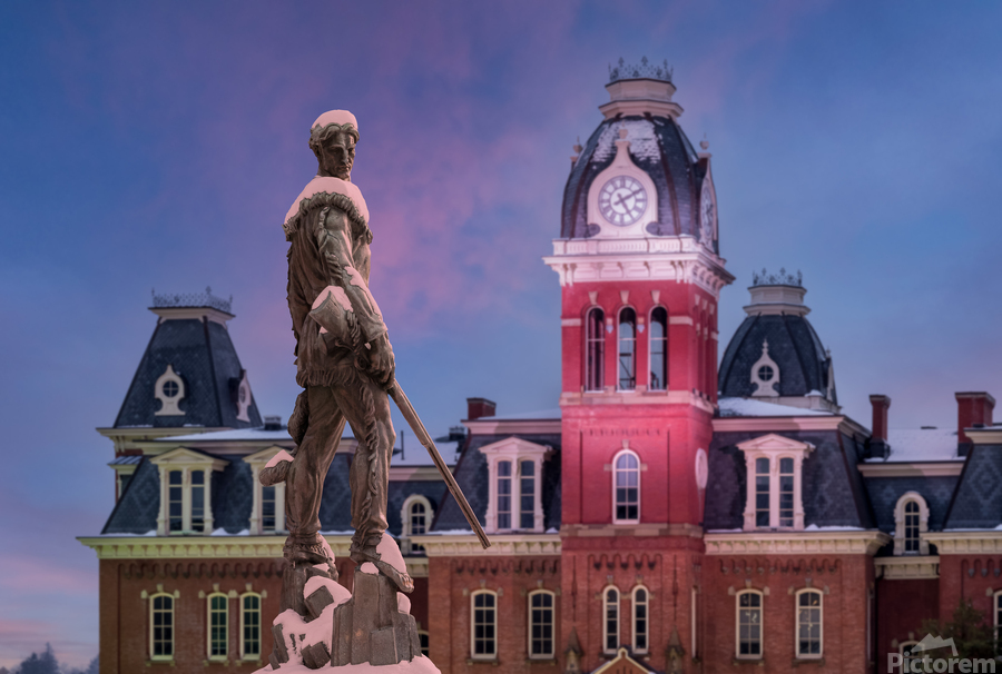 Mountaineer statue against Woodburn Hall tower  Print