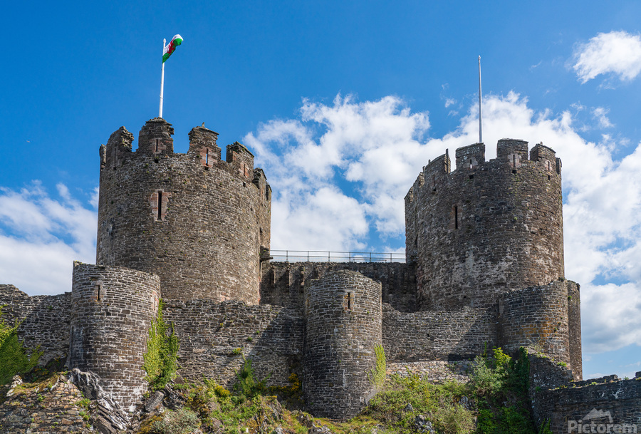 Flag flies over the historic Conwy castle in North Wales  Print