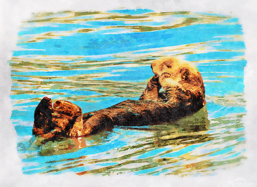 Digital watercolor of Sea Otter floating in the sea  Imprimer