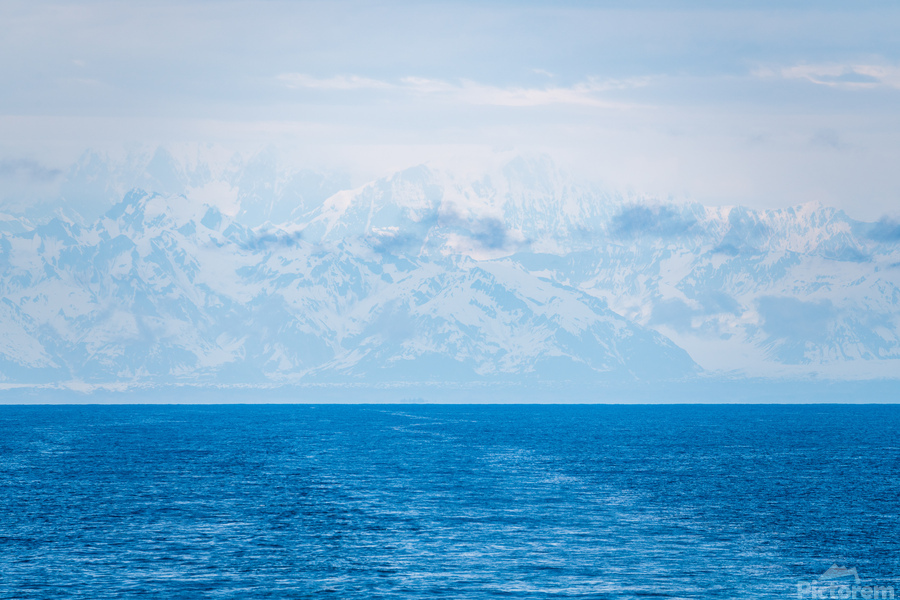 High mountains around Yakutat in mist as ship sails from Hubbard  Print