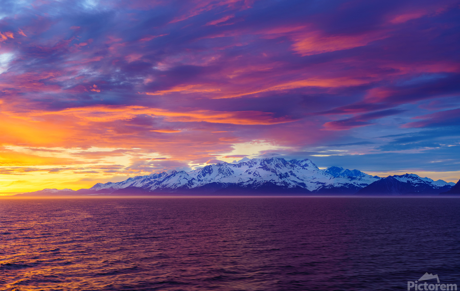 Sunset by Mt Fairweather and the Glacier Bay National Park in Al  Print