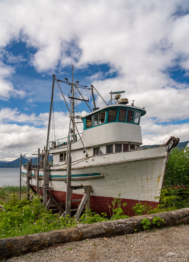 Historic but rotting fishing boat by ocean at Icy Strait Point  Print