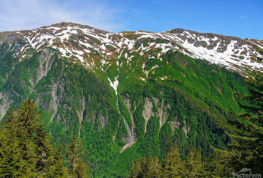 View from Mount Roberts toward Mt Juneau with waterfall in Alask  Print