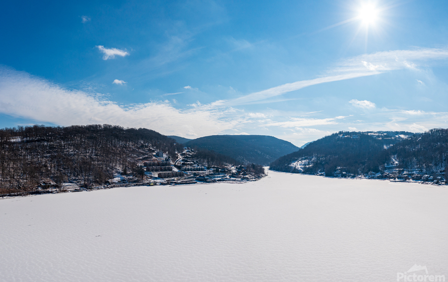Aerial panorama of the frozen Cheat Lake Morgantown WV looking   Print
