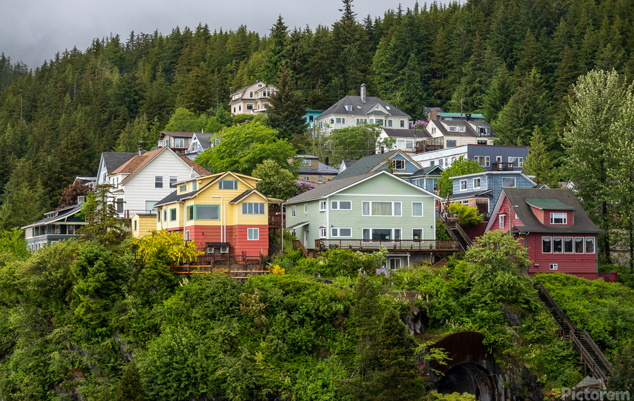 Colorful hillside homes above the town of Ketchikan Alaska  Print