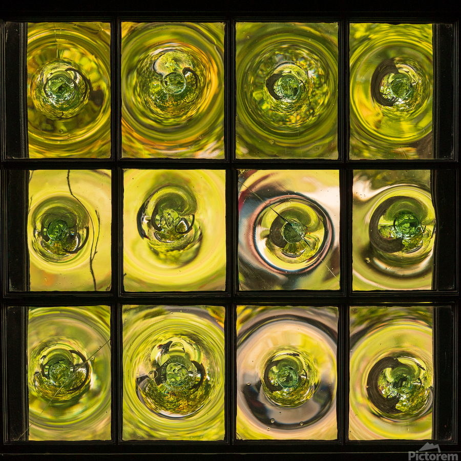 Window of old crown glass panes reflected garden  Print