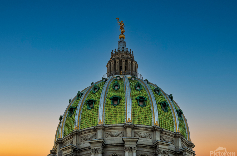 Sun sets behind the ornate dome of Pennyslvania State Capitol  Print