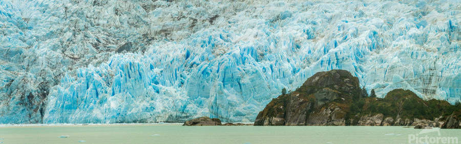 Amalia Glacier towers over large rocks and trees in Patagonia  Print