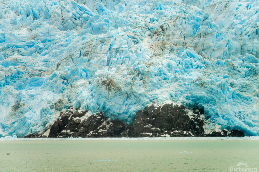 Amalia Glacier towers over large rocks and trees in Patagonia  Print