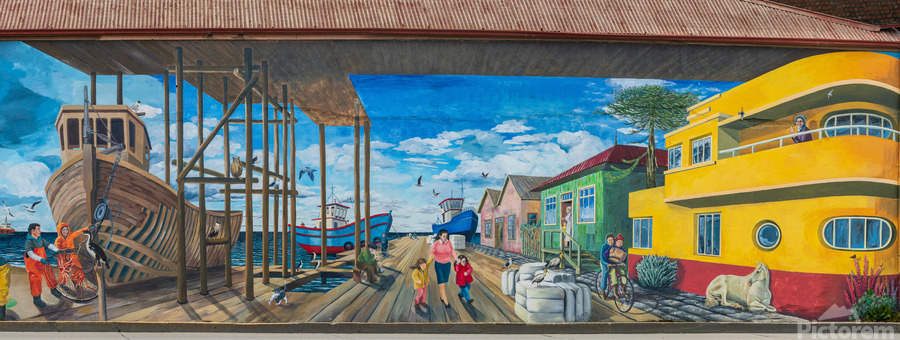 Wall mural of busy port on building in Punta Arenas in Chile  Print