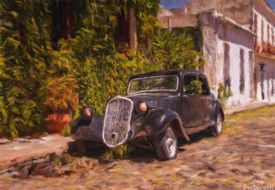 Oil painting of old car in Colonia del Sacramento  Print