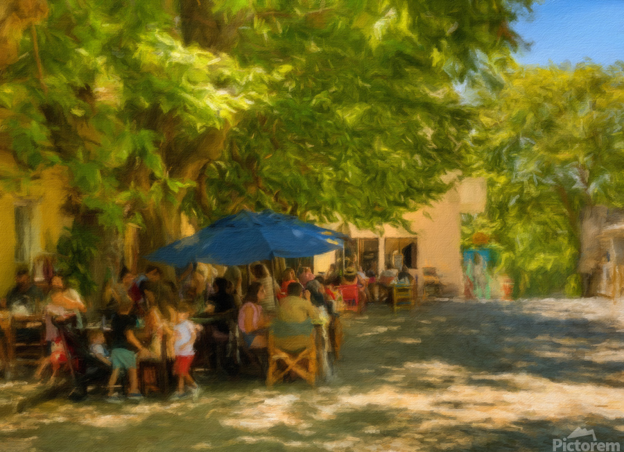 Oil painting of town square cafe in Colonia del Sacramento  Print