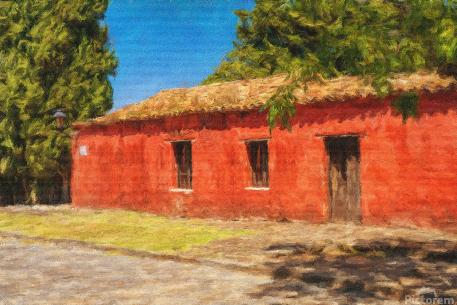 Oil painting of red house in Colonia del Sacramento  Print