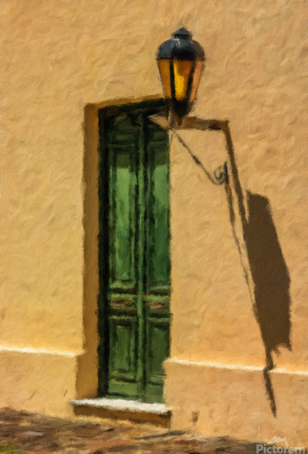 Oil painting of green door in Colonia del Sacramento  Print