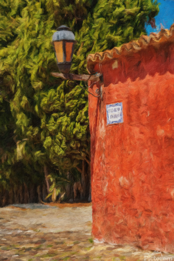 Oil painting of street lantern in Colonia del Sacramento  Print