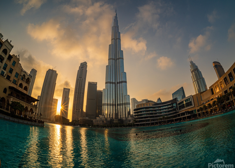 Sunset over the towers of Dubai downtown business district  Print