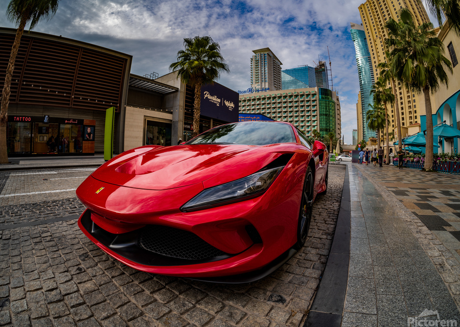 Red Ferrari parked in JBR Beach area of Dubai for rental  Print