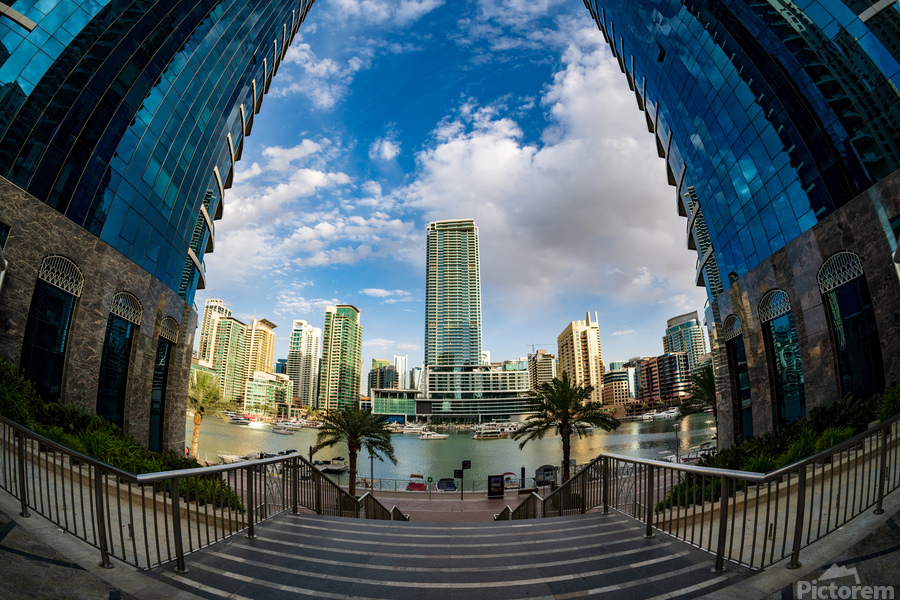 Fisheye view of tall buildings on waterfront at Dubai Marina  Print