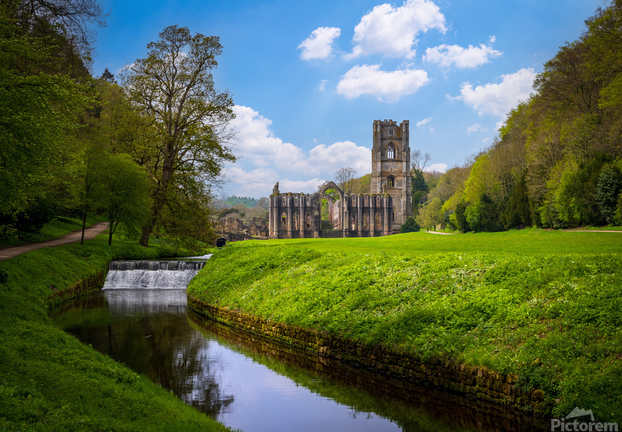 Springtime at Fountains Abbey ruins in Yorkshire England  Print