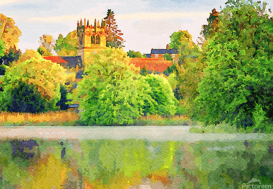 Watercolor across Ellesmere Mere in Shropshire to church  Print