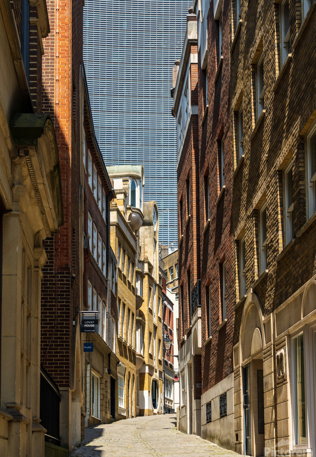 Lovat Lane in the City of London with skyscrapers filling sky  Print