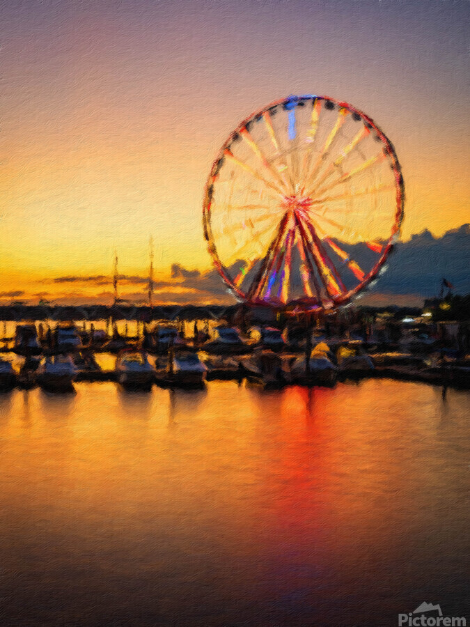 Impressionistic view of Ferris wheel at National Harbor at sunse  Print