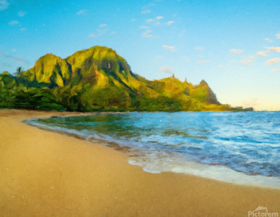 Oil painting sunrise over Tunnels Beach on Kauai in Hawaii  Print