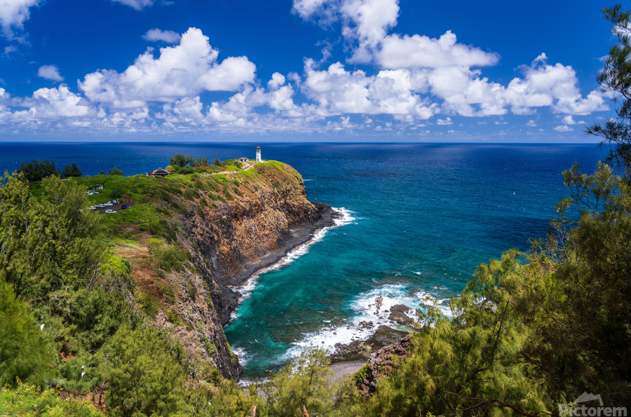 Kilauea lighthouse on headland against blue sky on Kauai  Imprimer