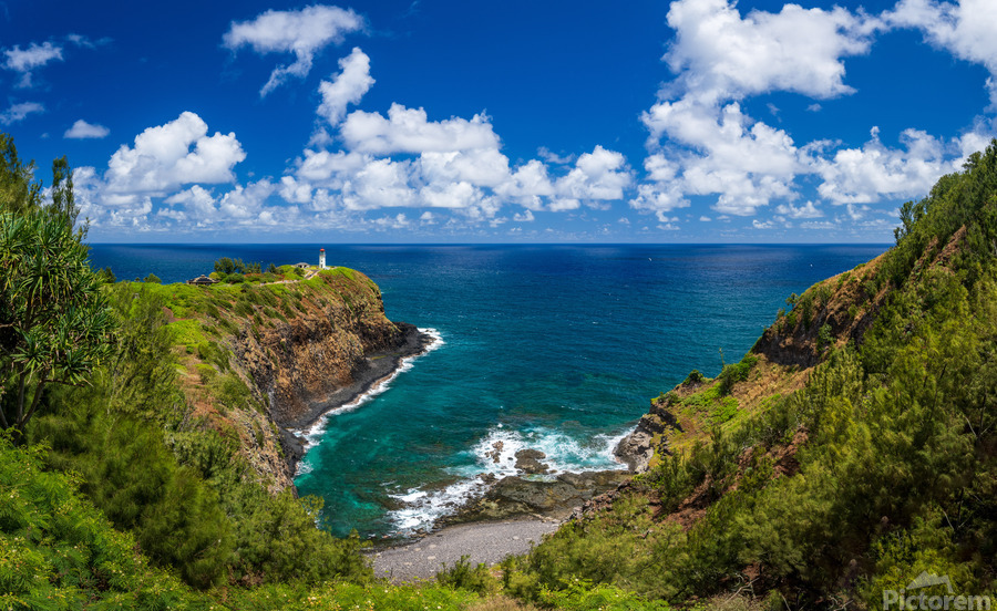 Kilauea lighthouse on headland against blue sky on Kauai  Print