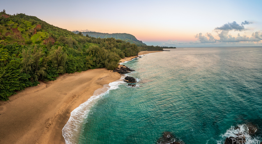 Aerial image of Lumahai Beach on the north shore of Kauai  Print