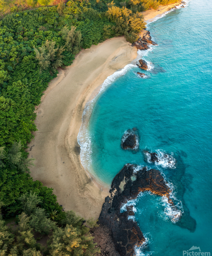 Top down view of rocks and waves on Lumahai beach Kauai  Print
