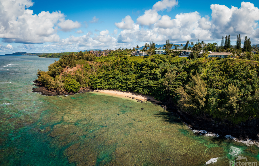 Aerial view of Sealodge beach in Princeville on Kauai  Print