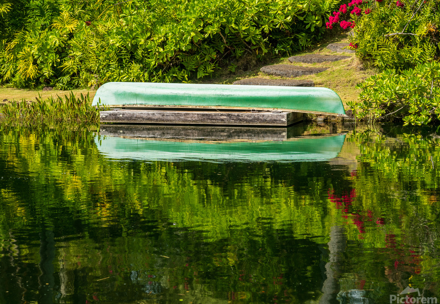 Green canoe on dock reflecting into calm lake or pond in garden  Print