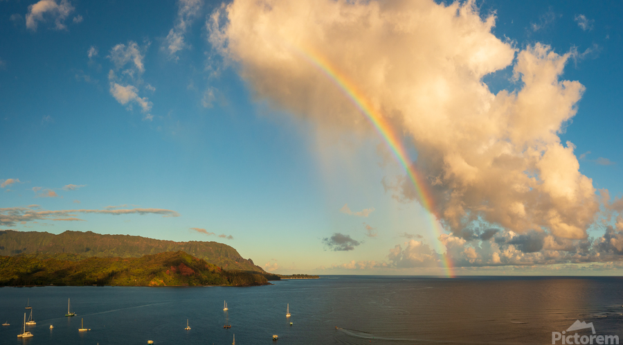 Rainbow over Hanalei bay in panorama across the ocean  Print