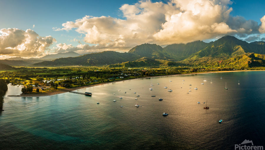 Aerial panorama over the town of Hanalei and valley at sunrise  Imprimer