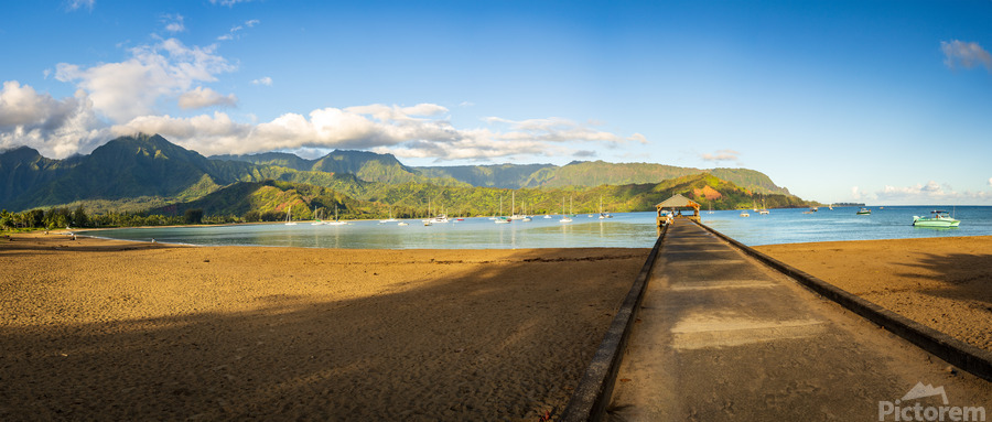 Panorama of the sandy beach and Hanalei Pier at sunrise  Print