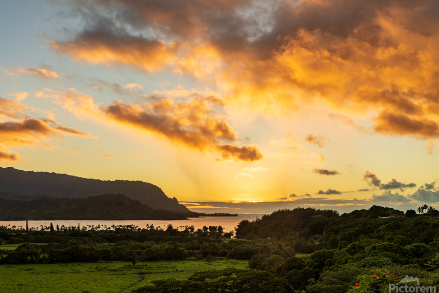 Sunset over Hanalei bay from overlook on the road  Print