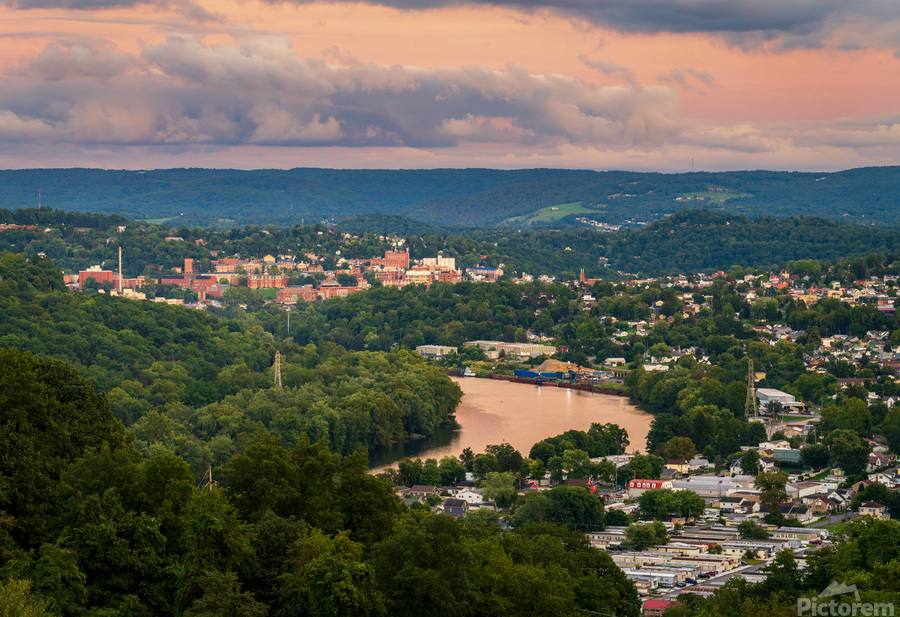 Sunset lights the sky above Morgantown in West Virginia  Print